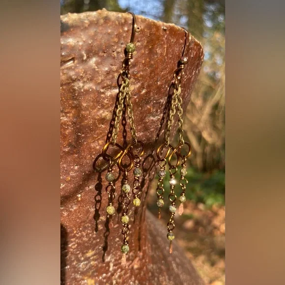 Dragon’s Blood Jasper and Bronze Chandelier Earrings - Picture 3 of 7